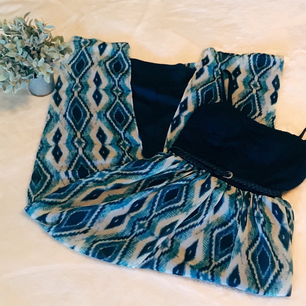 Navy and cobalt maxi dress, belted